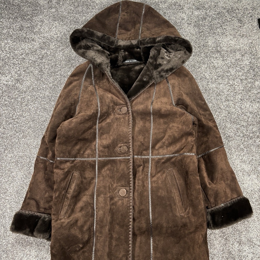 Vintage Marvin Richards Brown Suede Leather Long Coat Women's Medium Fur Trim